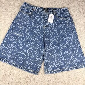 Brand New! WeSC Carpenter Shorts‎ Men Smiley All Over Print Blue Denim 36" Waist